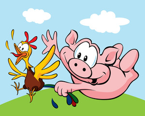 pig catch a hen cartoon