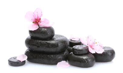 Obraz na płótnie Canvas Kamienie spa z kropli i różowe kwiaty samodzielnie na sakura