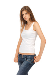 Obraz premium calm and serious woman in blank white t-shirt