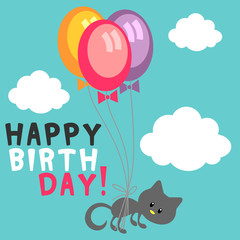 Birthday card cute kitty with balloons in the sky