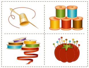 Sewing accessories: gold needle, thimble, ribbons, threads, pins