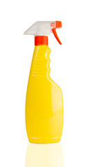 Yellow transparent spray bottle on white background