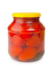 Canned tomatoes in glass jars isolated on white