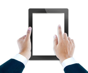 hand of business man holding and touching on touch pad