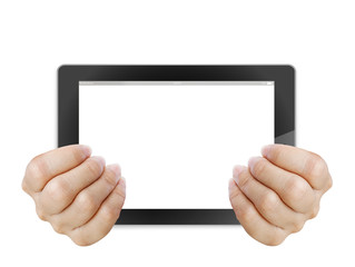 touch pad PC and streaming images buttons on women hand on backg