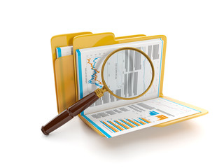 3d illustration: Finding a document file. Folder and a magnifyin