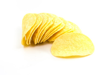 Potato chips crisps on white background