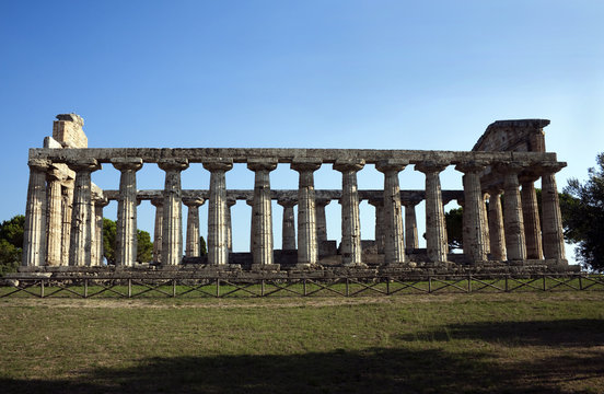 Side view of Athena Temple in Paestum, Italy.