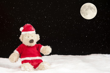 teddy bear in christmas clothes in the snow