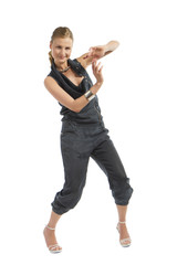 hübsche Frau mit Overall freigestellt