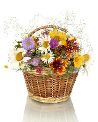 beautiful bouquet of bright  wildflowers in basket, isolated