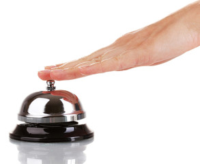 Hand ringing in service bell isolated on white