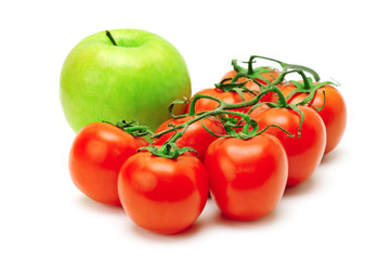 apple and tomatoes isolated on white background