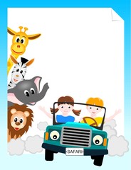 children in  car with animals