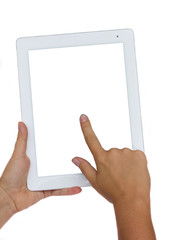 hands holding and pointing at modern tablet PC
