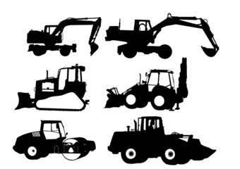 Set of 6 tractor silhouettes on wheels and on caterpillars