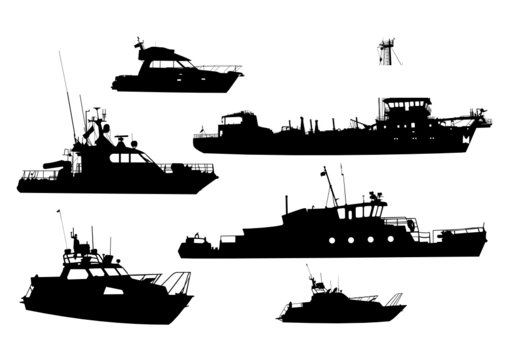 Set of silhouettes of sea yachts and the ships