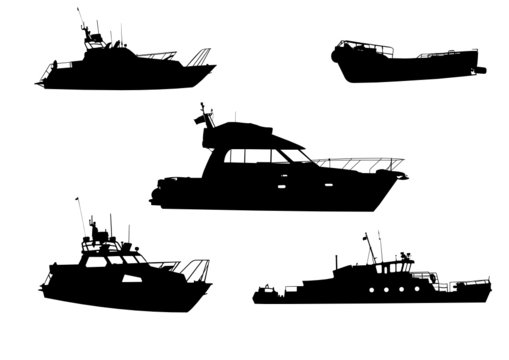 Silhouettes of yachts, a boat and a steamship