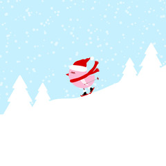 Pink Bird Skiing Downhill Winter Forest