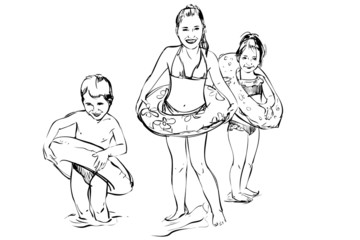 a sketch of children playing on the beach