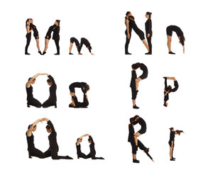 M, N, O, P, Q and R abc letters formed by humans