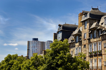 Half timbered houses and modern buildings in Rennes