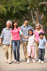 Portrait Of Multi-Generation Chinese Family Walking In Park