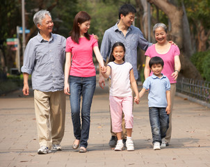 Portrait Of Multi-Generation Chinese Family Walking In Park