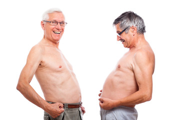Funny naked seniors comparing belly