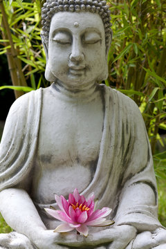 Buddha sculpture with lotus and bamboo leaves in background