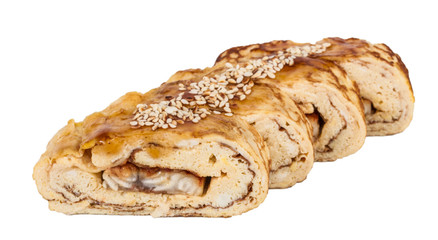 Omelet Maki Sushi - Roll made of Smoked Eel inside. Topped with