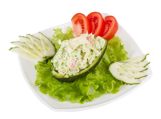 Crab meat salad with green caviar in avocado - japan cusine