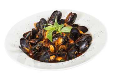 close up on mussels on white background