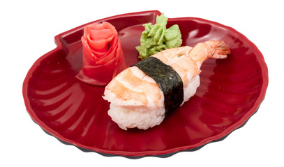 Shrimp sushi closeup isolated on white background