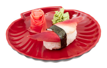 Hokkigai Mollusc sushi on white background