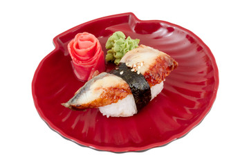 Eel sushi. Isolated over white.