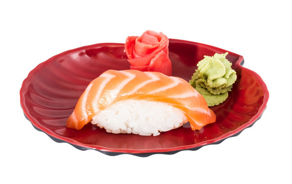 studio shoot of japanese sushi vaki with salmon on white backgro