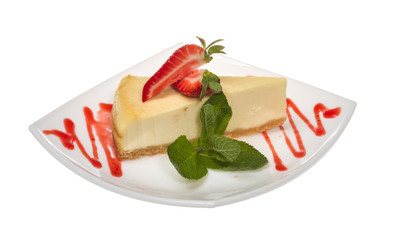 a piece of strawberry cheesecake on whit
