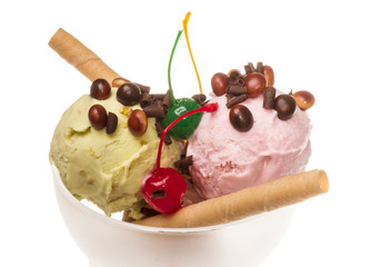 yogurt and chocolate ice cream in a bowl close up