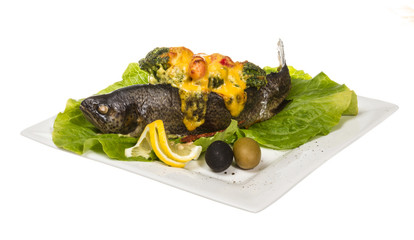 trout fish baked with shrimps and cauliflower