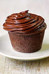 Chocolate cupcake with brown frosting on the plate
