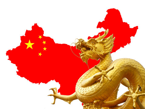 Fototapeta Chinese golden dragon and Chinese flag on the map