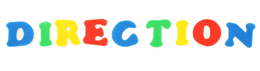 Inscription Direction of English letters, isolated on white