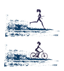 silhouette of marathon runner and cyclist race - abstract backgr