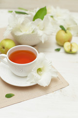 Summer tea with gladiole flowers, sweet background