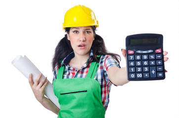 Woman builder with calculator on white