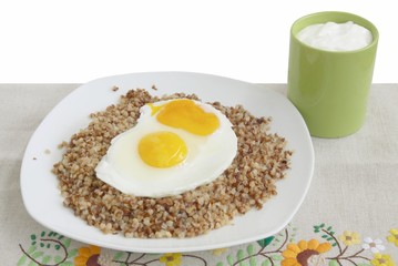 buckwheat gruel,eggs and kefir as vegetarian dinner meal