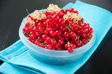 Close-up of a plastic container with red currant