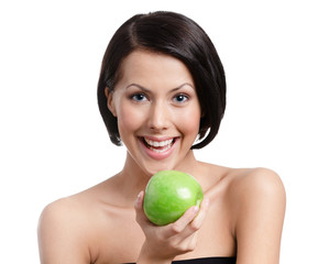 Woman hands an apple, isolated, white background