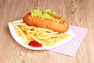 Appetizing hot dog with fried potatoes on plate on wooden table